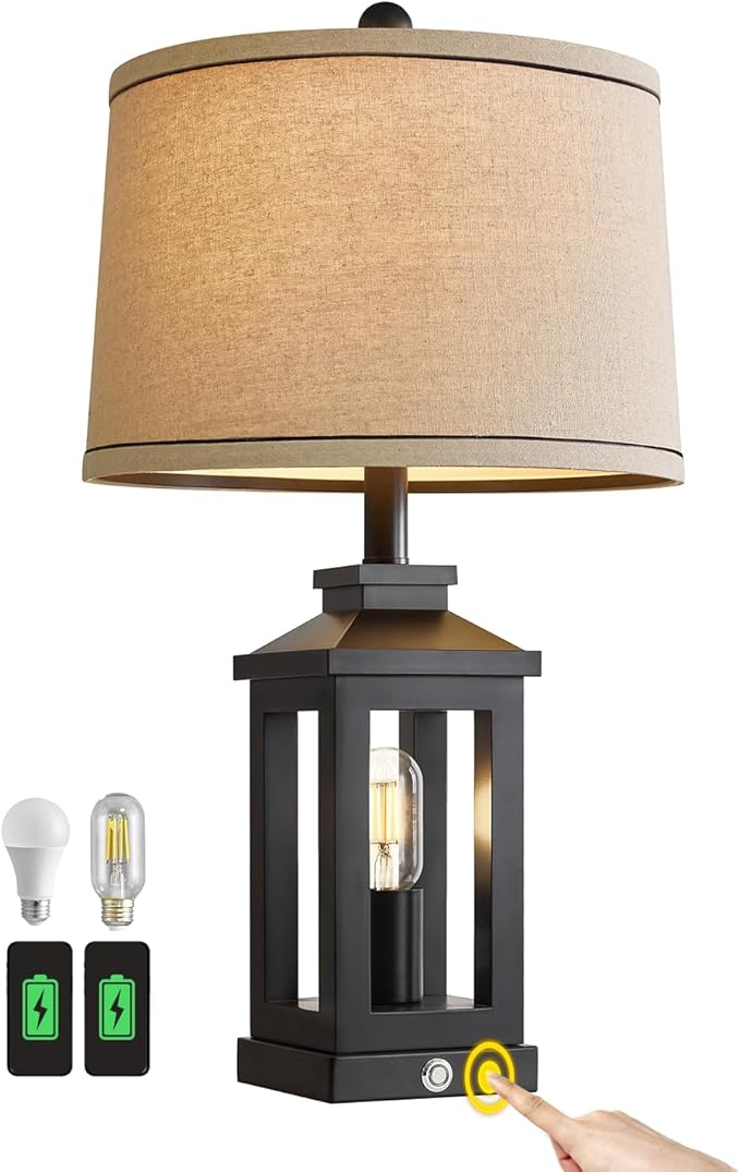 23.75" Retro Farmhouse Black Table Lamp for Living Room Bedroom Nightstand Single Pack Touch Control Bedside Nightlight Vintage Modern Lamp with USB C+A Ports and 2 Light Sources-CasaMuseHome