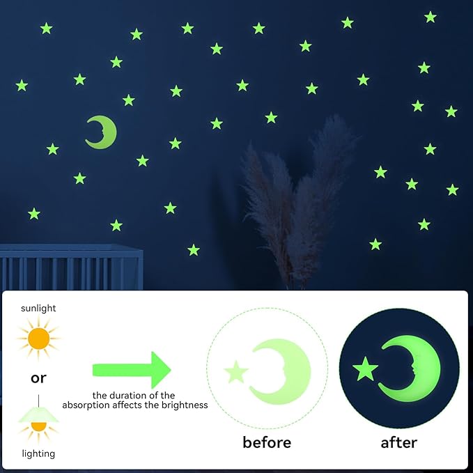 100 Stars and 1 Moon Glow in The Dark Luminous Fluorescent 3D Plastic Glow Stars Moon for Ceiling, Glowing Wall Stickers Create a Realistic Starry Sky, Room Decorations (Green)-CasaMuseHome
