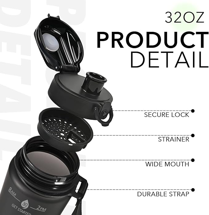 32oz Motivational Water Bottles with Time Marker & Fruit Strainer, Transparent Gradient Color Water Bottle with Times to Drink, Leakproof & BPA Free, Reusable Bottle with Strap (No Straw)-CasaMuseHome