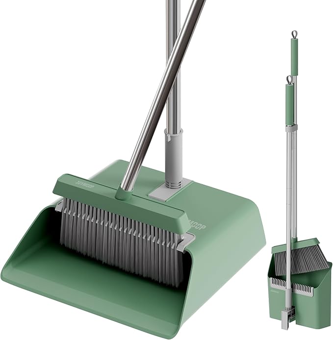 JOYMOOP Dark Teal Green Broom and Dustpan Set with 56” Handle, Upright Angle with Comb Teeth for Pet Hair and Hardwood Floors-CasaMuseHome