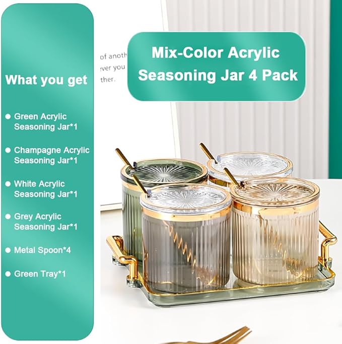 Acrylic Condiment Spice Jars,Condiment Spice Box With Lids and Spoons and Tray,Clear Plastic Condiment Canisters,Seasoning Box 4 Pack,Seasoning Box Set for Kitchen to Storage Salt,Paprika,Sugar-CasaMuseHome