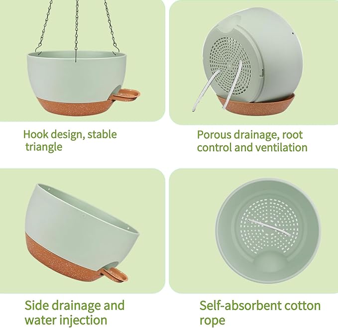 2 Pack Hanging Planters for Indoor Outdoor Plants, 12 Inch Self Watering Hanging Pot with Drainage Holes and Saucer, Plastic Plant Pots, Green Brown Flower Pots for Kitchen, Balcony, Garden-CasaMuseHome