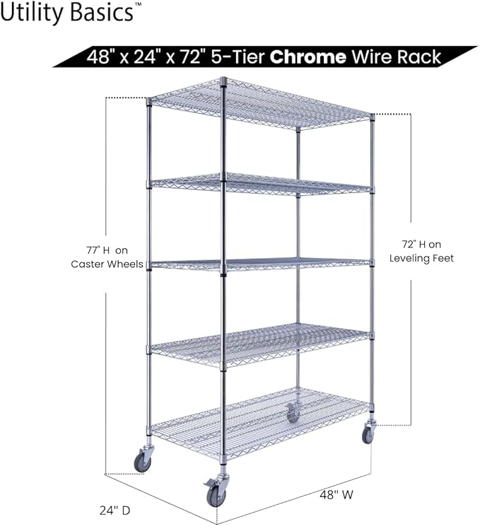 48"x24"x72" Chrome 5-Tier PREMIUM Wire Shelving NSF 4000 LBS MAX CAPACITY Heavy Duty Steel Storage Rack for Warehouses, Garages, Hospitals, Commercial Spaces, & Schools w/PREMIUM WHEELS-CasaMuseHome