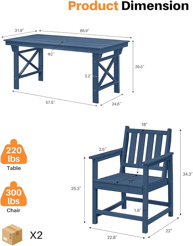 7 Pieces HDPE Outdoor Dining Set, Patio Dining Set with Umbrella Hole, All Weather Outdoor Dining Table Sets for 6, HDPE Patio Furniture Sets for Deck, Backyard, Lawn, and Poolside, Navy-CasaMuseHome
