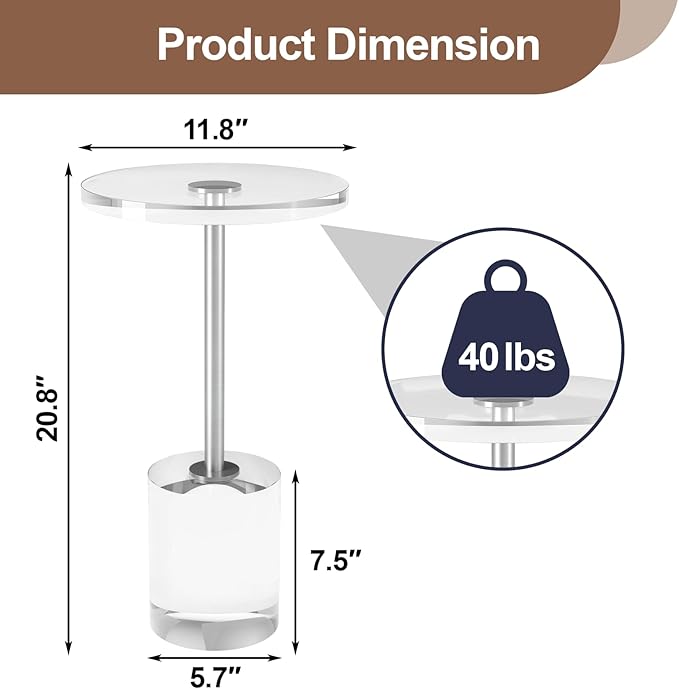 Acrylic End Table, Modern Minimalist Acrylic Side Tables, Clear Side Table for Living Room, Bedroom, Office, Drink Table (12" D x 12" W x 21" H, Silver)-CasaMuseHome
