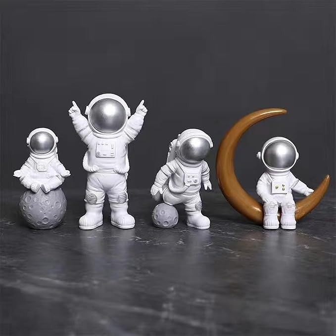 4 Pcs Silver White Astronaut Statues Set, Spaceman Sculpture Figurines Home Ornament Cake Toppers Gift-CasaMuseHome