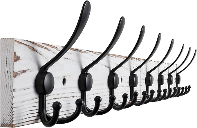 32.2'' Large Coat Rack Wall Mount Coat Hooks with 8 Metal Black Triple-Hooks Old White Pine Real Wood Plank Hat Rack for Wall Hooks-CasaMuseHome