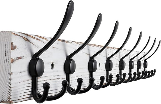 32.2'' Large Coat Rack Wall Mount Coat Hooks with 8 Metal Black Triple-Hooks Old White Pine Real Wood Plank Hat Rack for Wall Hooks-CasaMuseHome
