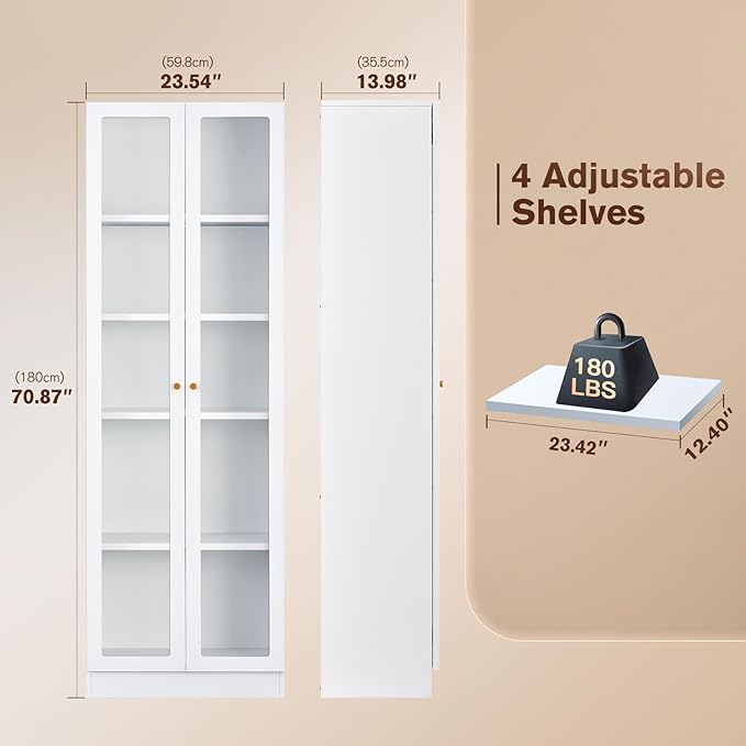 5 Tier Metal Curio Cabinets, Modern Bookshelf Cabinet with 4 Adjustable Shelves, Cabinet Display Case for Home Office, Living Room, Pantry (White-23.54W)-CasaMuseHome
