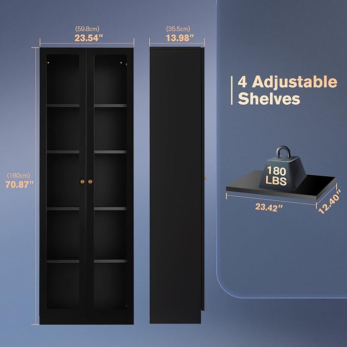 5 Tier Metal Curio Cabinets, 71" Tall Modern Bookshelf Cabinet with 4 Adjustable Shelves, Cabinet Display Case for Home Office, Living Room, Pantry, Assemble Required, Black-CasaMuseHome