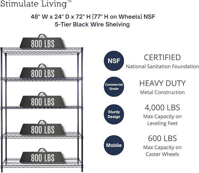 48"x24"x72" Prime Heavy Duty Black 5-Tier Steel Wire Shelving NSF 4000 LBS MAX Capacity Storage Rack for Commercial, School, Home, Garage, Warehouse, Industrial, and Hospital Uses (with Wheels)-CasaMuseHome