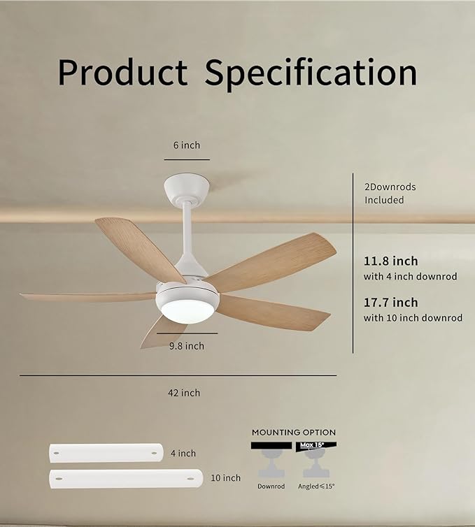 42" Ceiling Fan with Lights, 5 Blades, 6 Speeds DC Reversible, Dimmable, Low Profile Ceiling Fan with Light and Remote Control for Bedroom or Living Room-CasaMuseHome