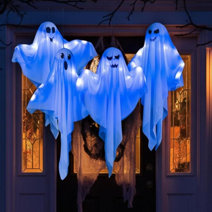 4 Pack Halloween Hanging Ghost Decorations, 27.5" Light Up Spooky Floating Ghosts with LED Glow, Waterproof Outdoor & Indoor Haunted House, Porch, Yard, Garden Party Decor-CasaMuseHome