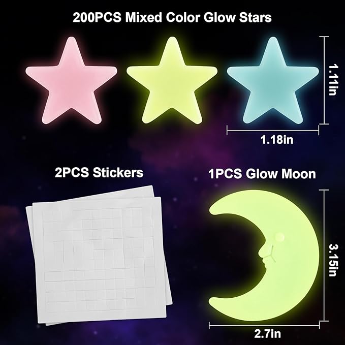 200 Glow in The Dark Stars for Ceiling - Glowing Stars and Moon Stickers Estrellas que brillan en la oscuridad para el techo de cuarto Plastic Space Galaxy Decals Bedroom Wall Decorations-CasaMuseHome