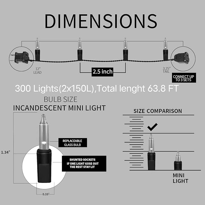 300LIGHTS(2*150L) YELLOW Extra-Bright With End Connectors Christmas Decorative Light 19.44m UL Certified Mini String Light Set Waterproof for Home Garden Holiday Tree Party Patio Decor Wedding-CasaMuseHome