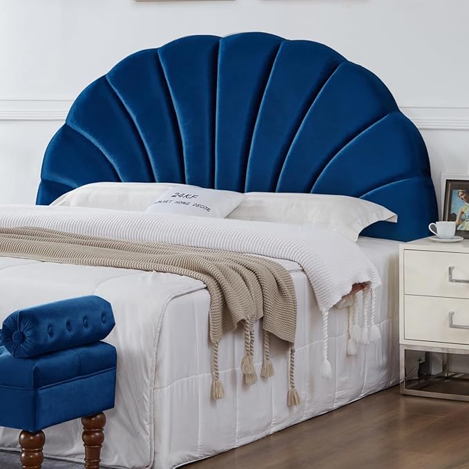 24KF Stunning Crown Design King Headboard, Upholstered Soft Velvet Petal Pattern Headboard King/CA King-6039-K-Navy-CasaMuseHome