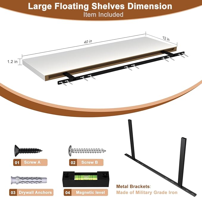 40 Inch Floating Shelf 1 Pack Large Floating Shelves for Wall No Drilling Accessories Included Deep Wall Shelves for Living Room Kitchen Farmhouse 40" W x 12" D x 1.2" White-CasaMuseHome