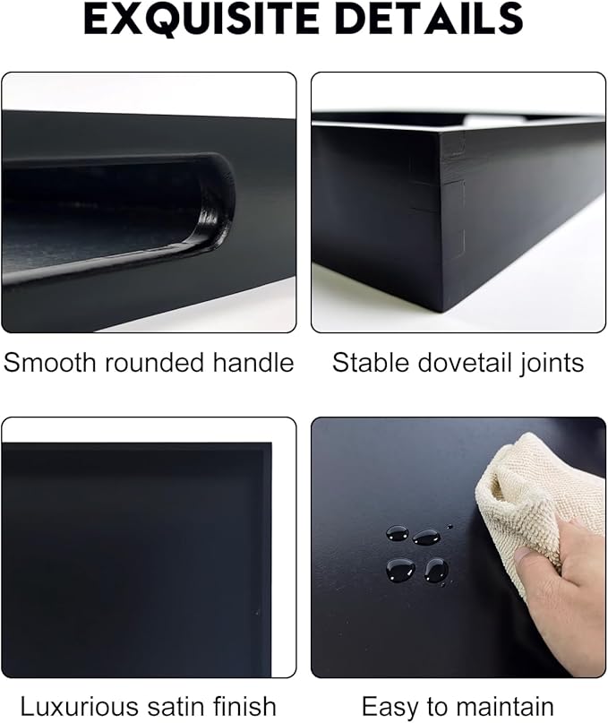 20 Inches Square Wooden Ottoman Tray Black, Large Wood Serving Tray with Handles for Living Room, Serving Food Breakfast, Ottoman Coffee Table Couch Sofa Kitchen-CasaMuseHome
