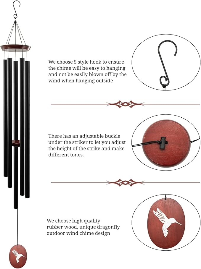 60" Wind Chimes Outdoor, WindChimes Large Wind Chimes for Outside Deep Tone with 5 Tuned Tubes and S Hook, Wind Chime Outdoor Decoration for Patio, Garden, Yard (Hummingbird)-CasaMuseHome