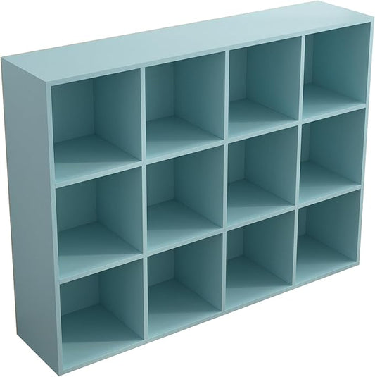 12-Cube Storage Shelf Bookcase - Wooden 3-Tier Floor Standing Open Bookshelf for Home and Office, Display Cabinet, Light Blue-CasaMuseHome