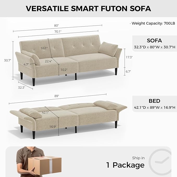 89” Futon Sofa Bed, Velvet Fabric Comfy Futon Couch Bed with 2 Square Pillows, Convertible Sleeper Sofa with Adjustable Backrest& Armrests, Modern Loveseat Sleeper for Living Room, Beige-CasaMuseHome