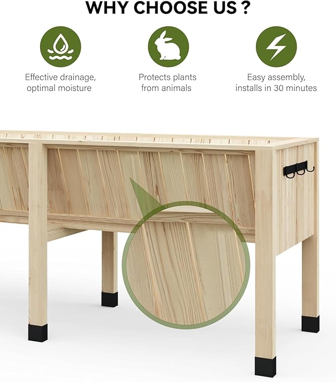 72x26x31 Inch Raised Garden Bed with Legs, 13.7In Depth Wooden Planter Box for Outdoor Growing Vegetables and Herbs, Elevated Garden Bed with Hooks for Backyard, Patio, Balcony-CasaMuseHome