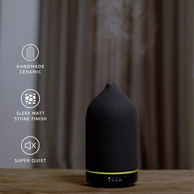 200ML Ceramic Essential Oil Diffuser - Ultrasonic Aromatherapy & Humidifier with 7-Color LED Lights, Auto Shut-Off, Black, 1H/3H/6H Timer | Scent for Home, Office, Yoga-CasaMuseHome
