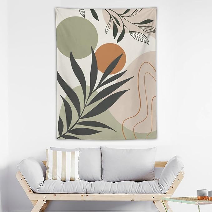 Abstract Bohemian Mid Century Tapestry, Tropical Leaves Modern Geometric Archway Minimalist Bohemian Botanical Aesthetic Wall Hanging, Sage Green Gold Home Decor Art for Bedroom 40x60 Inch-CasaMuseHome