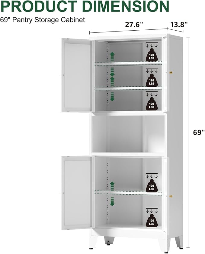69" Tall Kitchen Pantry Cabinet, Metal Storage Cabinet with 4 Doors and Adjustbale Shelves, Freestanding Cupboards for Dining Room, Living Room, Bathroom-CasaMuseHome