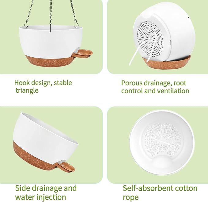 2 Pack Hanging Planters for Indoor Outdoor Plants, 12 Inch Self Watering Hanging Pot with Drainage Holes and Saucer, Plastic Plant Pots, White Brown Flower Pots for Kitchen, Balcony, Garden-CasaMuseHome