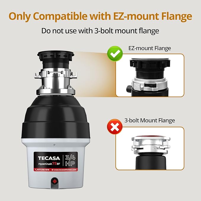 3/4 HP Batch Feed Garbage Disposal, TECASA Stainless Steel Food Waste Grinding System for Kitchen Sink Food Waste, Power Cord Included, Sound Reduction, Grey and Black - HyperCrush 75 BF-CasaMuseHome