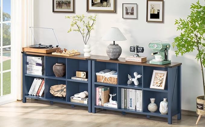 6 Cube Bookcase, Farmhouse Wood Low Storage Organizer Book Shelf, 47" Horizontal Navy Blue Console Bookshelf with Legs, Hallway Book Case for Entryway, Display Cabinet for Living Room, Office-CasaMuseHome