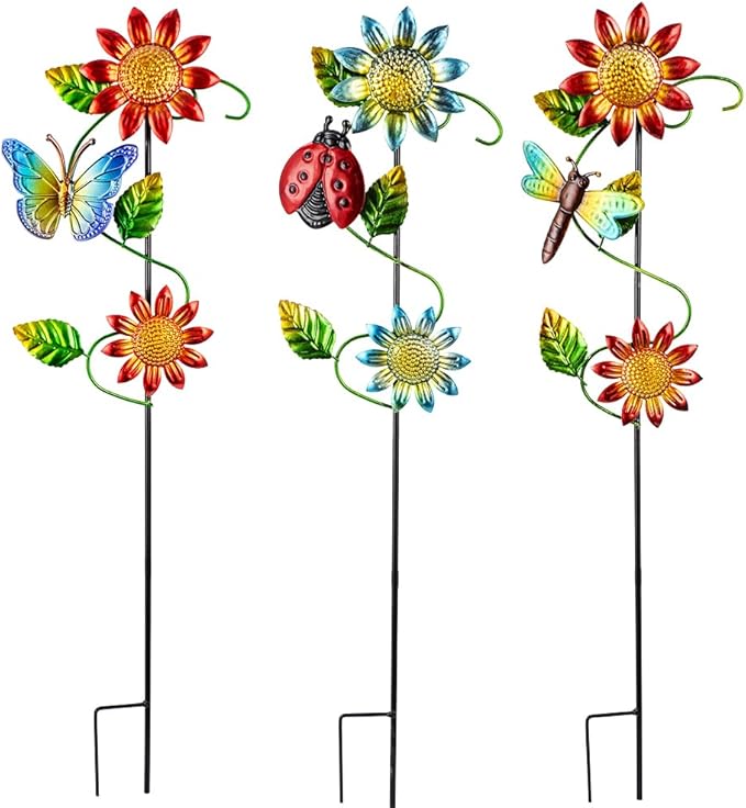 3 Pcs Sunflower＆Butterly＆Ladybug＆Dragonfly Decorative Garden Stakes,23.5 in Metal Sunflower Yard Art for Outside Decor,Spring Outdoor Decor for Mom,Women,Grandma-CasaMuseHome