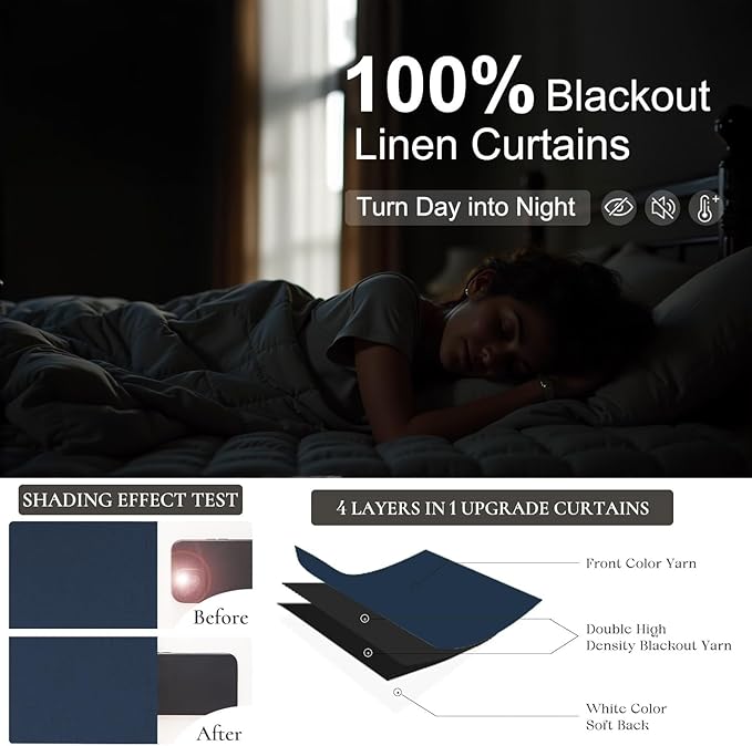 54 Inch Length Curtains for Bedroom Men Room Decor Darkening Back Tab Pleated Blackout Linen Insulated Curtain for Living Room Bathroom Wide Dark Navy Midnight Blue Drapes for Teen Boy 54 Long 2 Panel-CasaMuseHome