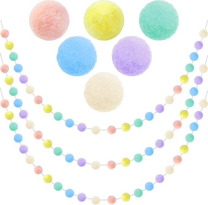 3pk Pastel Pom Pom Garland Easter Decorations Spring Home Decor Indoor Living Room Wall Classroom Xmas Tree, Cute Hanging Rainbow Colorful Felt Ball Garland Baby Shower Wedding Birthday Party Supplies-CasaMuseHome