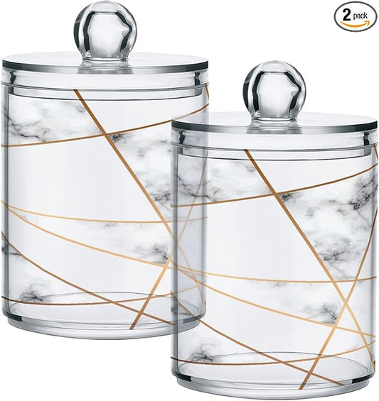 2 Pack Qtip Holder Dispenser White Marble Gold Line Bathroom Storage Canister Lid Acrylic Plastic Apothecary Jar Set Vanity Makeup Organizer for Cotton Swabs/Pads/Floss-CasaMuseHome