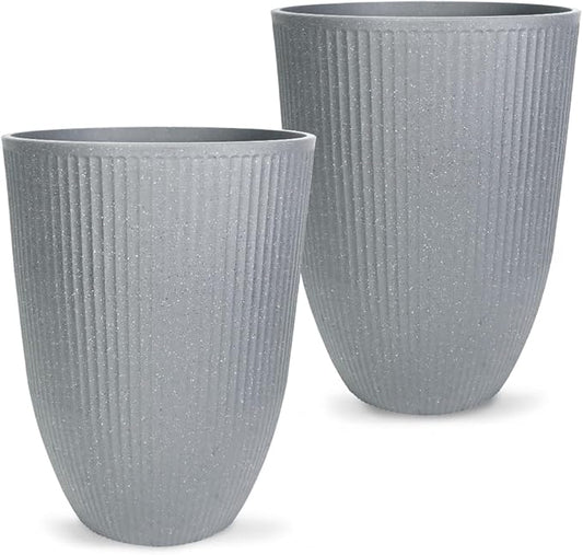 2 Pcs Pack 15 Inches Heavy Duty Plastic Resin Tall Tapered Planter Pots Large Round Planter Flower Pot with Drainage Holes for Indoor Outdoor Deck Porch Garden Home Patio Front Door (Light grey, S)-CasaMuseHome