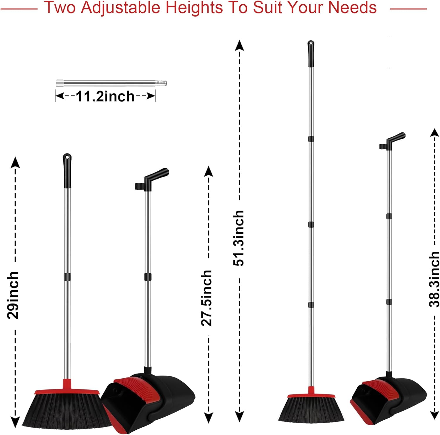 Broom and Dustpan Set for Household, Red Broom with Dustpan Combo Set, 51" Long Handle Dust pan Set for Dog Cat and Hair Clean