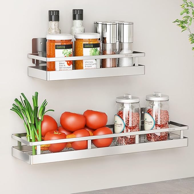 2PCS Kitchen Spice Rack, SUS304 Stainless steel Wall Mount Storage Rack, Seasoning Container, 11.8Inch Spice Organizer, Kitchen Seasoning Hanging Rack, Bathroom Shelf for Storing Toiletries-CasaMuseHome