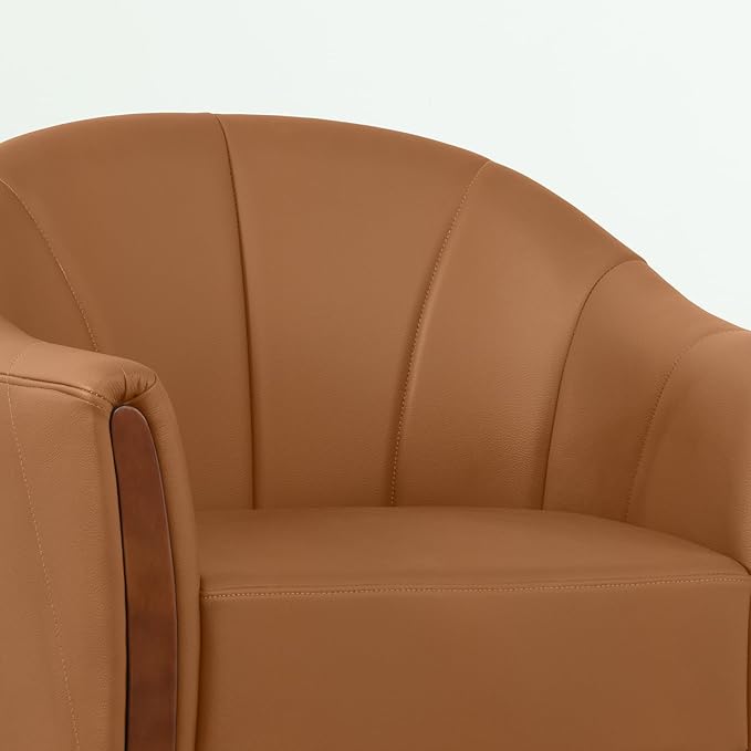 360° Swivel Accent Chair, Modern Leather Barrel Club Chair with Leather Upholstery and Sturdy Wood Base, Comfortable Armchair for Living Room, Bedroom, Reading Nook, Brown-CasaMuseHome