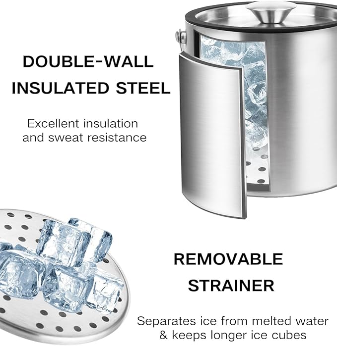 3L Double Wall Ice Bucket with Silicone Lid, Tongs & Scoop Insulated Ice Buckets for Parties & Cocktail Bar,[Silicone Lid for Longer Ice] Large Wine Bar Bucket Stainless Champagne Chiller-CasaMuseHome