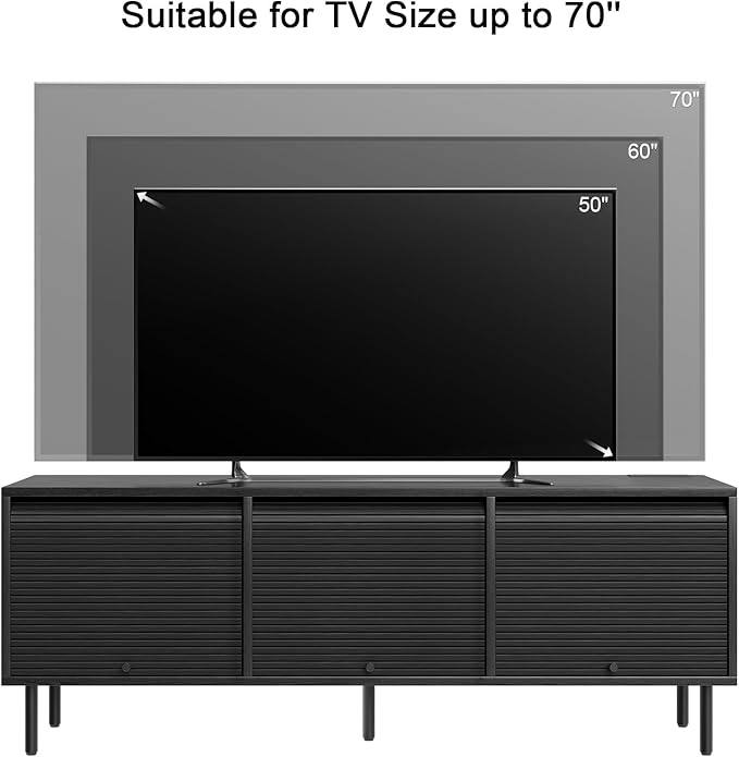 59 Inch TV Stand with Power Outlet for TVs up to 65 Inch, Entertainment Center with Storage, Mid-Century Modern TV Console, Adjustable Shelf & Sliding Doors, TV Stand for Living Room, Bedroom, Black-CasaMuseHome