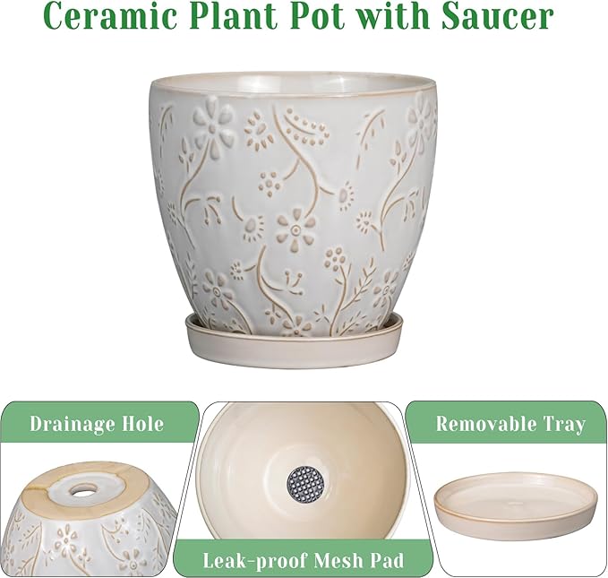 6 Inch Ceramic Plant Pot for Indoor Plants Outdoor Round Planter Flower Pot with Drainage Hole and Saucer for Home Garden Office Decor White-CasaMuseHome