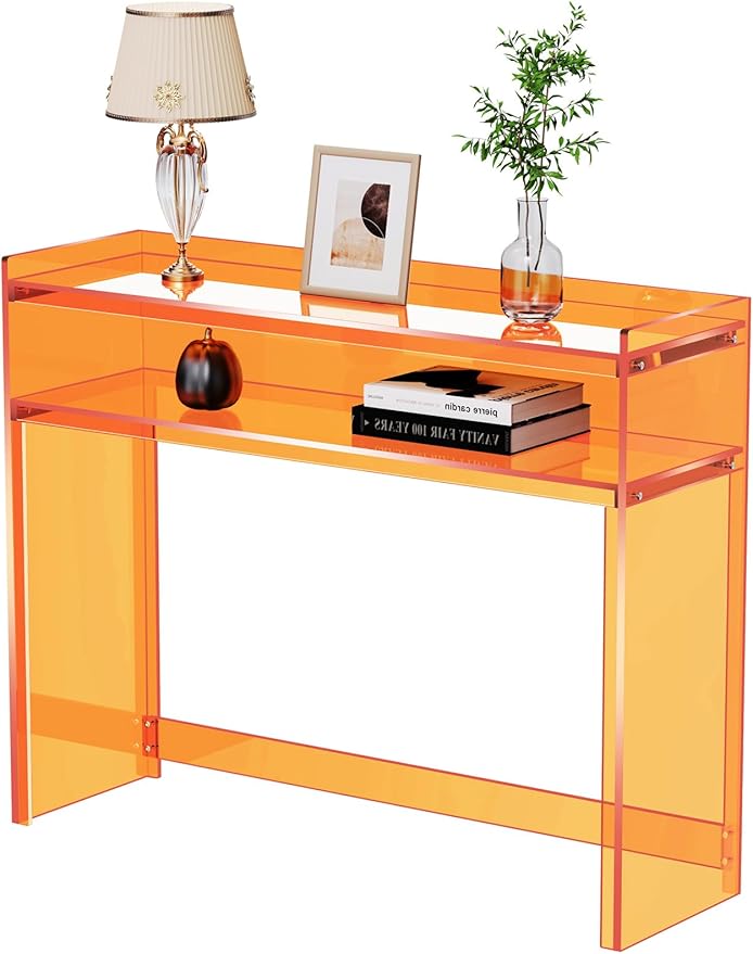 Acrylic Console Table, Entryway Table with Storage Shelves (1, 39.4 * 31.5 * 11.7 inches) (Orange)-CasaMuseHome