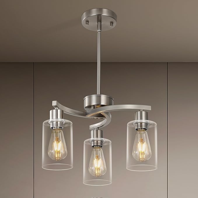 3-Light Brushed Nickel Dining Room Light Fixture,Modern Kitchen Chandeliers Over Table，Adjustable Height Industrial Hanging Pendant Lights for Kitchen Island with Glass Shade-CasaMuseHome