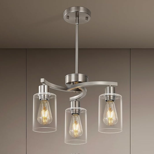 3-Light Brushed Nickel Dining Room Light Fixture,Modern Kitchen Chandeliers Over Table，Adjustable Height Industrial Hanging Pendant Lights for Kitchen Island with Glass Shade-CasaMuseHome