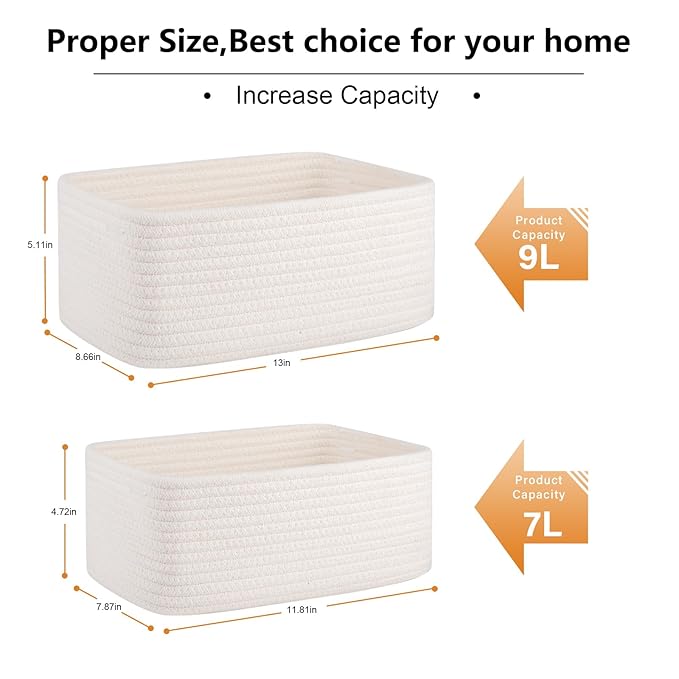 4 Pack Small Storage Shelf Baskets for Organizing, Mini Woven Rope Storage Bins for Towels, Cute Decorative Closet Organizer，Baby Nursery, Gift Empty Baskets -13''Lx8.66''Wx5.11''H-White-CasaMuseHome