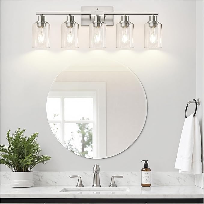 5-Light Bathroom Light Fixtures, Brushed Nickel Bathroom Vanity Light with Clear Glass Shades, Modern Bathroom Wall Lamp for Mirror Living Room Cabinet Bedroom Porch-CasaMuseHome