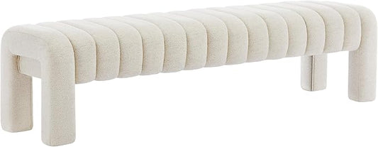 63" Bedroom Bench, Upholstered Entryway Bench, Modern End of Bed Ottoman with Solid Wood Legs and Adjustable Foot Pegs for Entryway, Dining Room and Living Room (Beige Linen)-CasaMuseHome