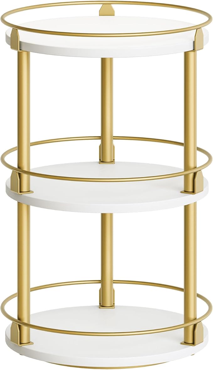 3-Tier Lazy Susan, Rotating Spice Rack, Spinning Organizer, Industrial Turntable Spice Rack for Cabinet, Kitchen Countertop, Pantry, White and Gold SR23DW-CasaMuseHome